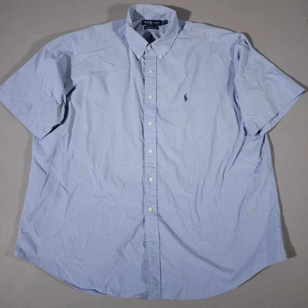 Ralph Lauren Button Down Shirt Mens XXL Blue Blake Short Sleeve Micro Check